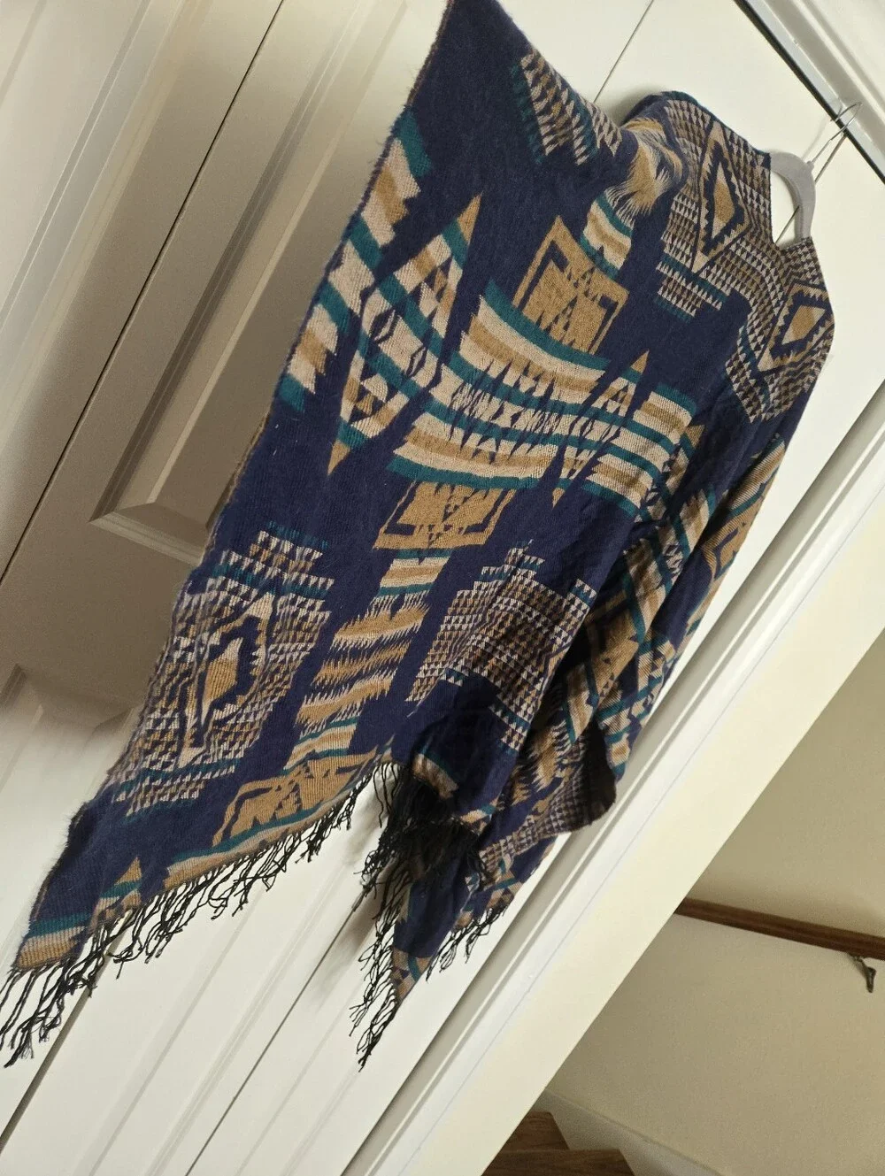 Navy and Tan Geometric Fringe Aztec Throw Shawl